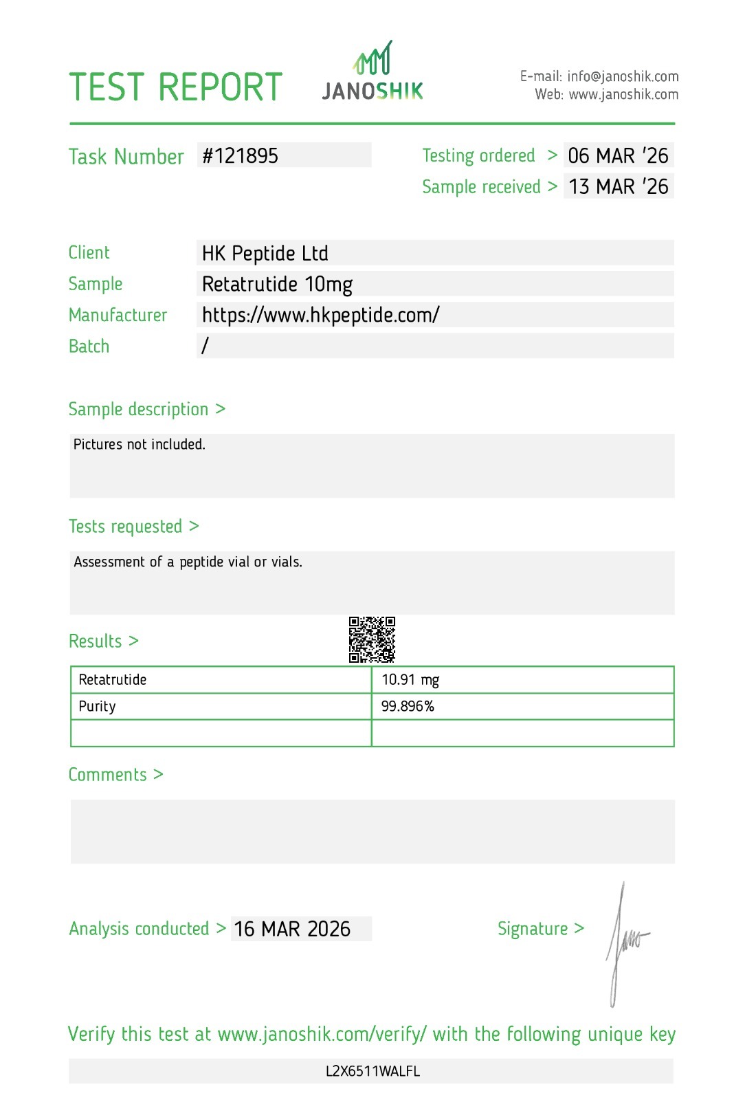 Certificate of Analysis -- Retatrutide 10mg