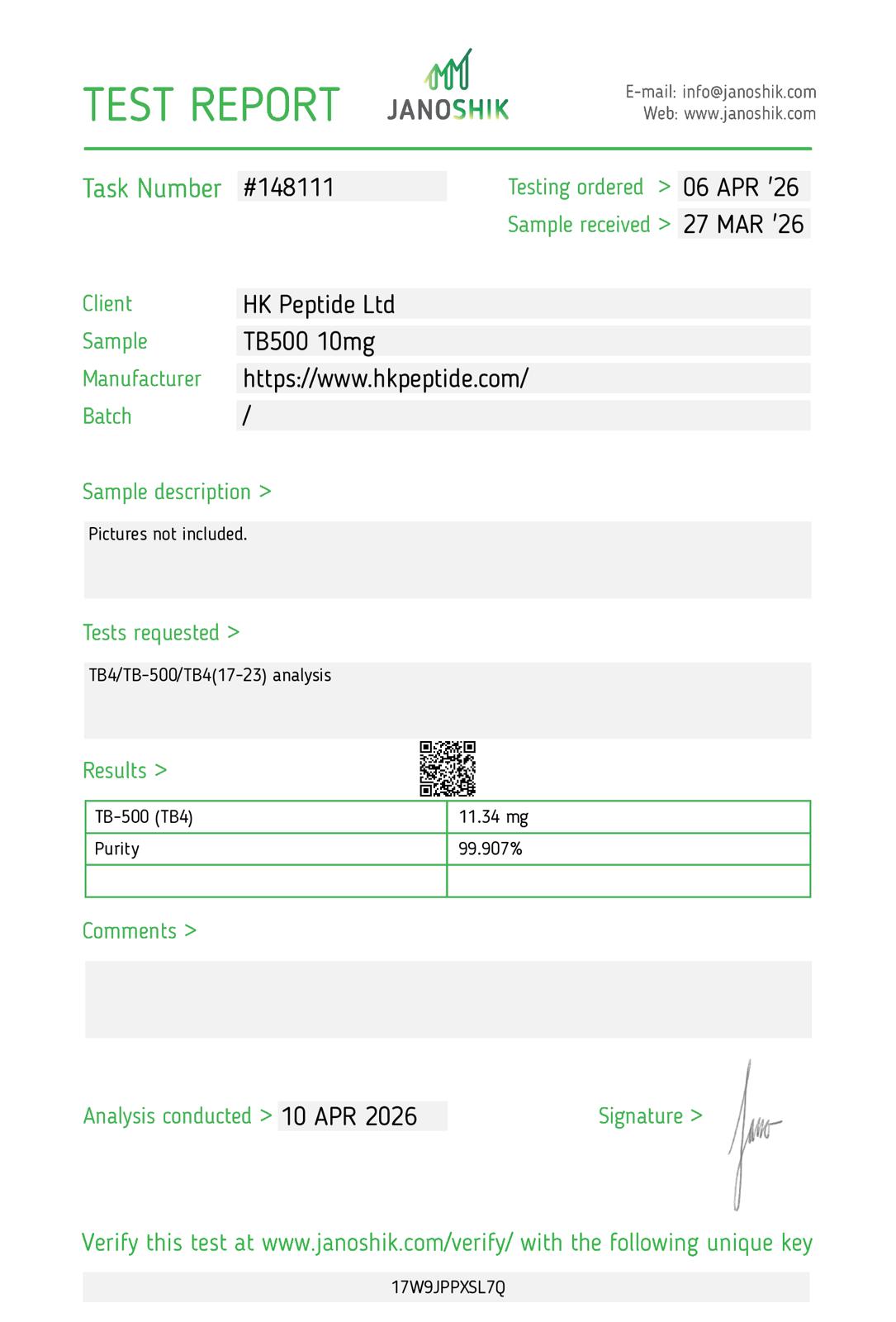 Certificate of Analysis -- TB-500 (Janoshik Task #148111)