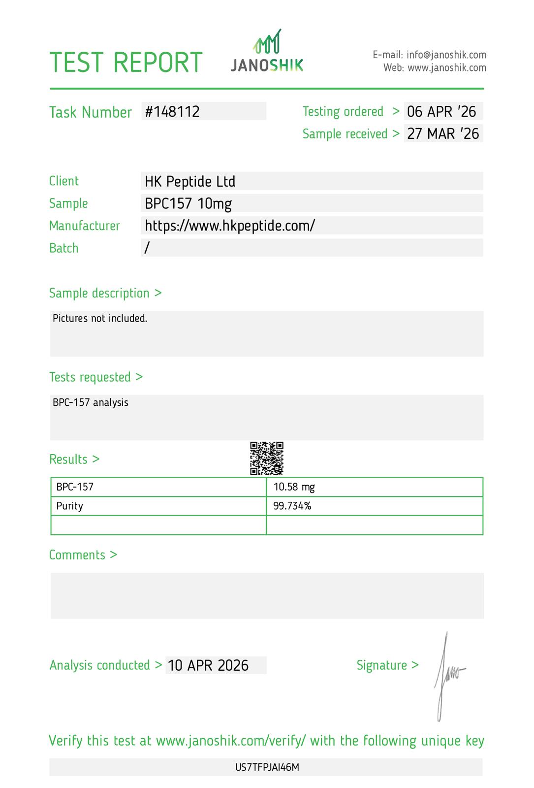 Certificate of Analysis -- BPC-157 (Janoshik Task #148112)