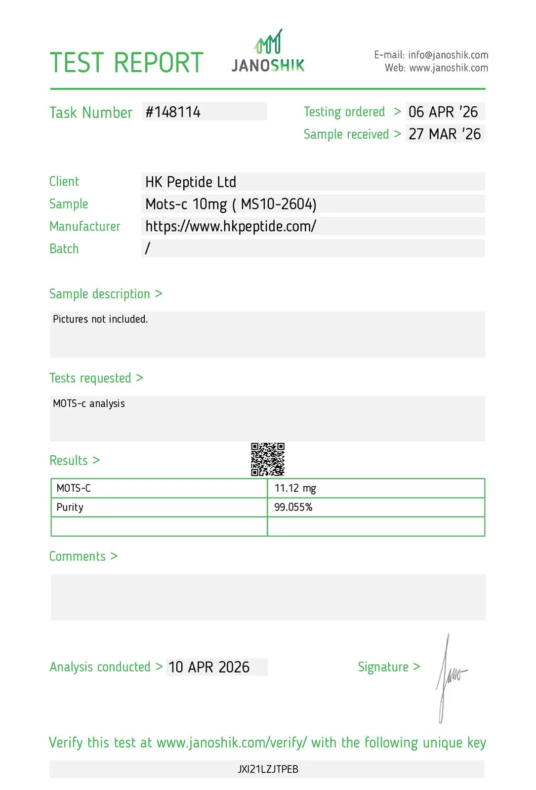 Certificate of Analysis -- MOTS-c 10mg