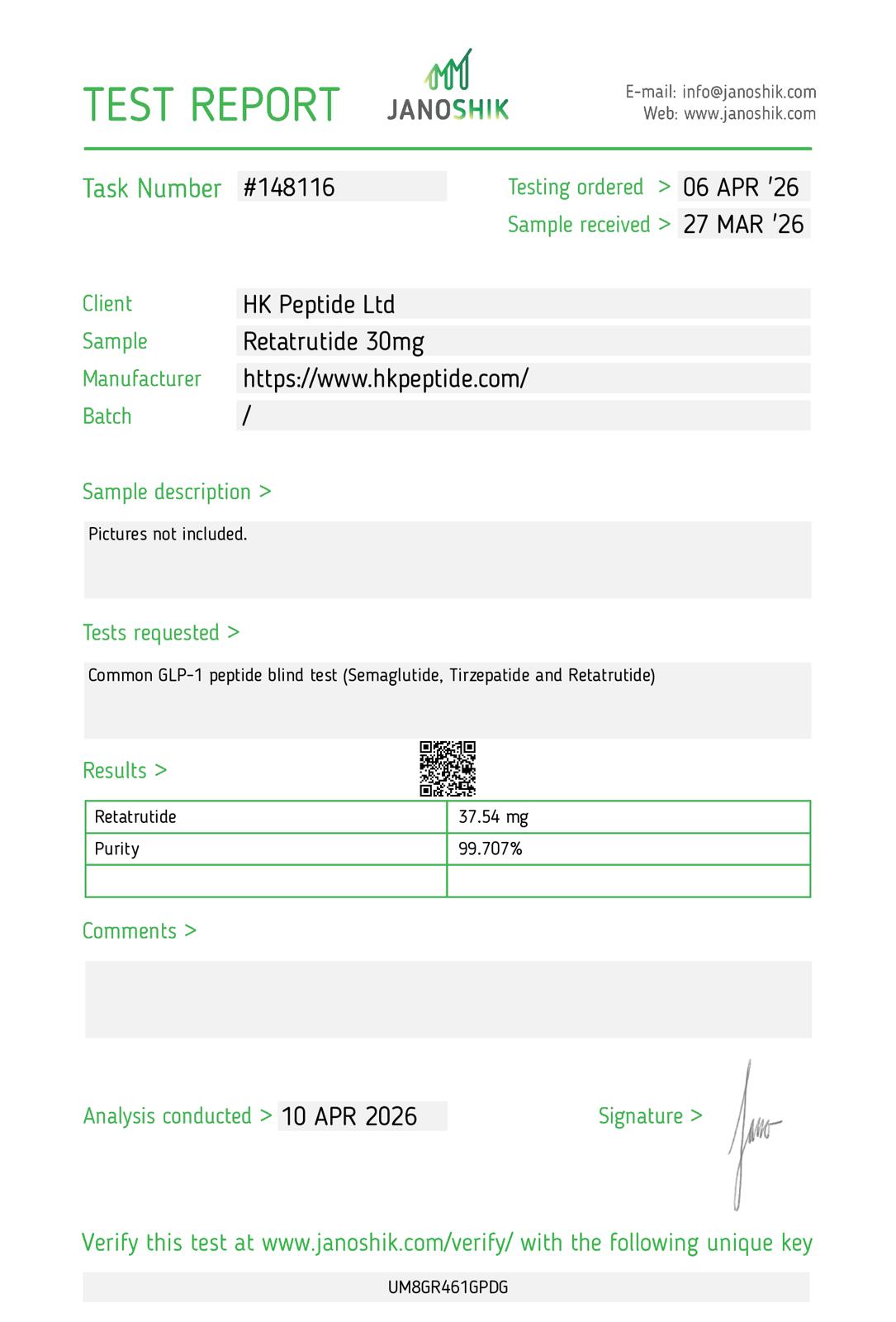 Certificate of Analysis -- Retatrutide 30mg